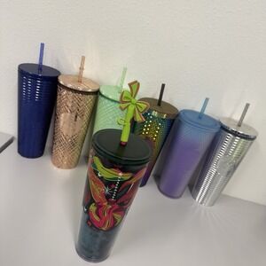 Lot of 7 Starbucks Tumblers Studded Diamond Holiday Straws 24 Oz